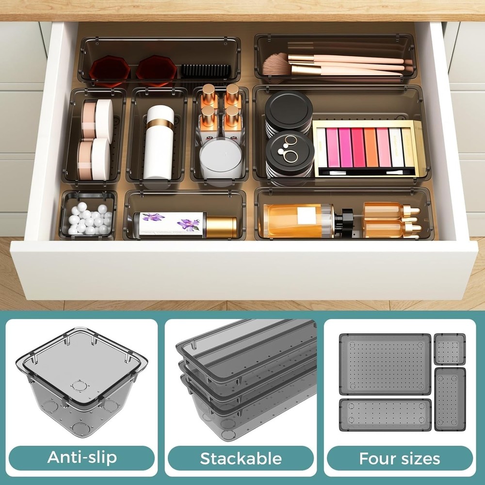 Clear Plastic Drawer Organizer Set 44 PCS Makeup Desk Storage Black
