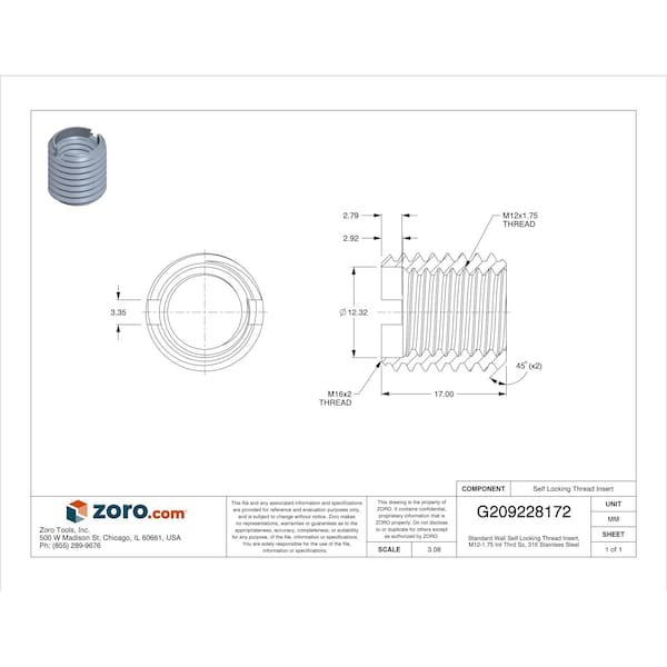 Standard Wall Self Locking Thread Insert, M12-1.75 Int Thrd Sz, 316 Stainless