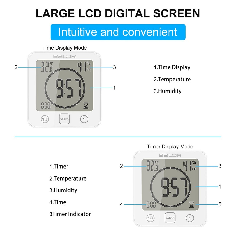 Digital Bathroom Shower Wall Clock, LCD Digital Wall Clock with Suction, Wate...