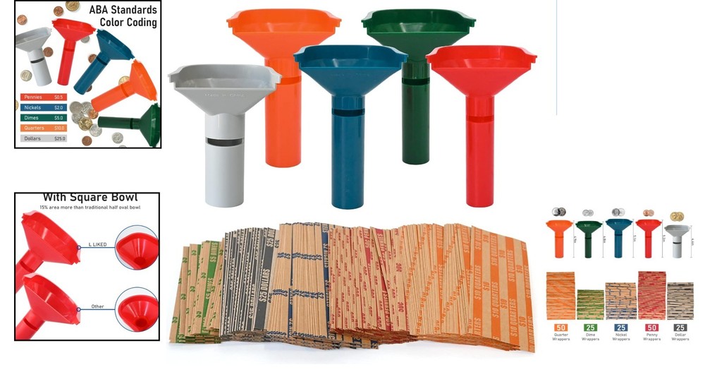 175 Assorted Coin Wrappers & 5 Color-Coded Sorting Tubes for Easy Use