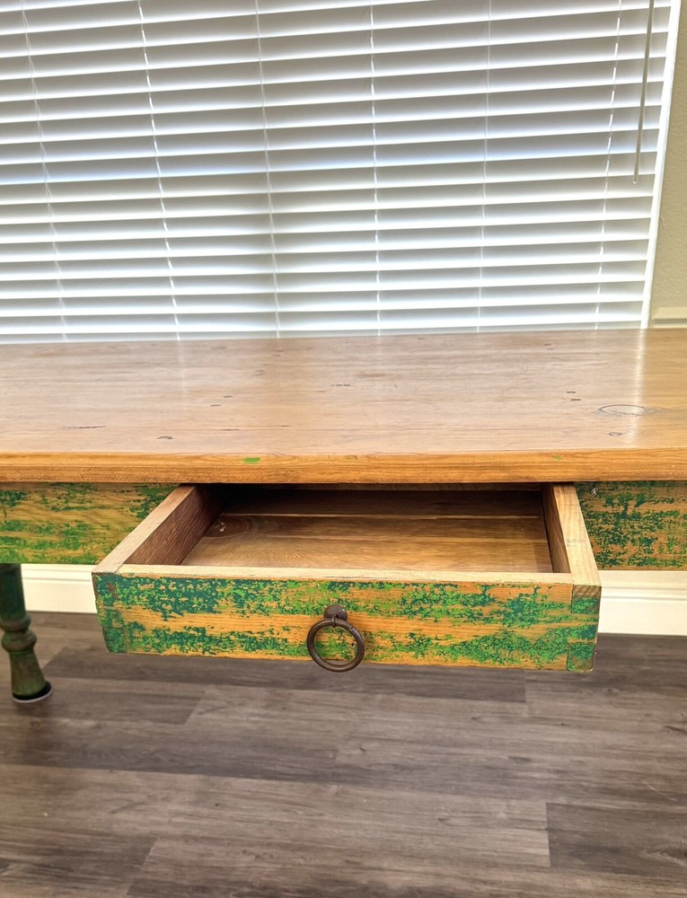 Vintage Rustic Farmhouse Dining Table With Drawer.