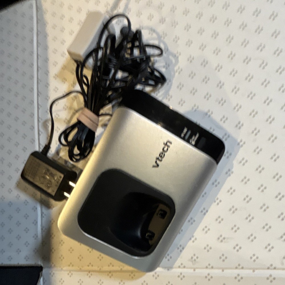 VTech Cordless Phone Charging Base Silver Black w/ Power Adapter & Splitter