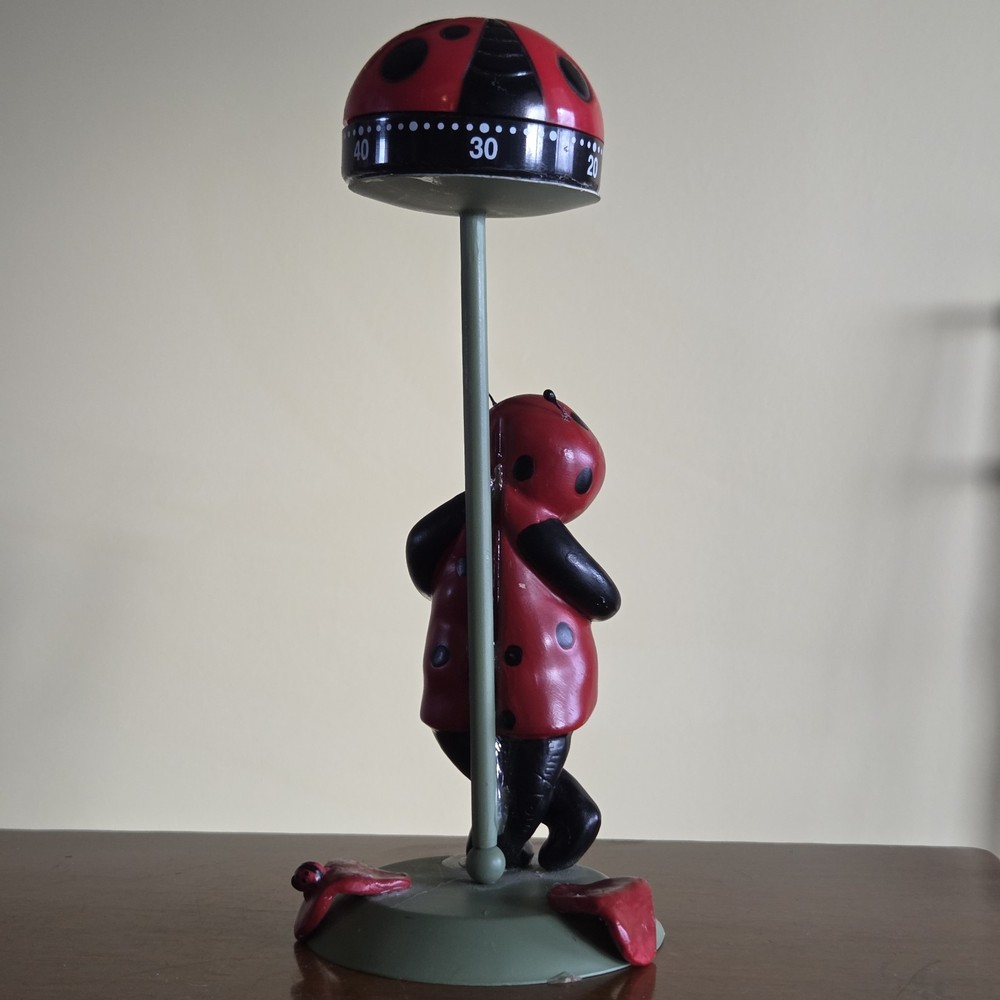 Ladybug Kitchen Timer on Handmade Stand with Anthropomorphic Ladybug Figure 8.5"