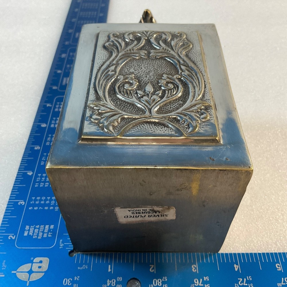 India Silver Plated Red Felt Lined 7.5" Tall Decorative Lined Trinket Box