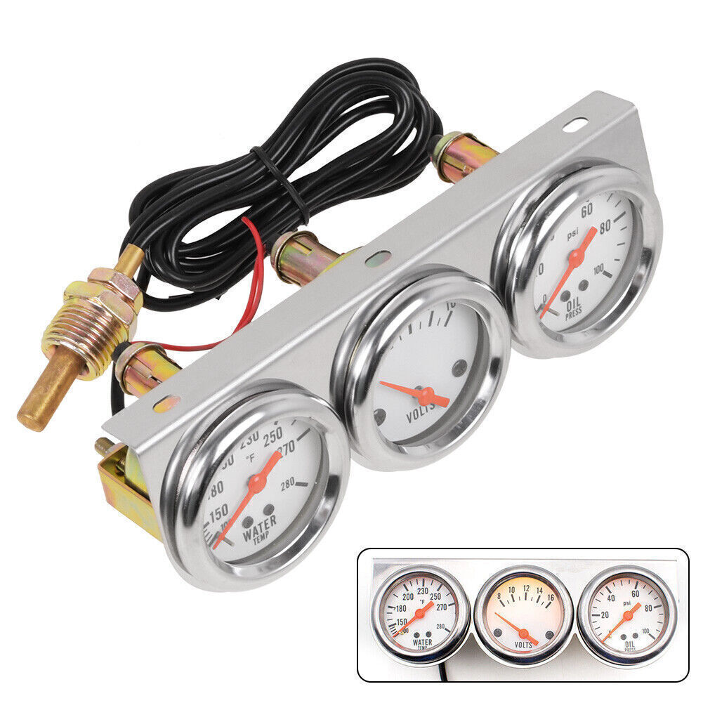 3-in-1 2" 52mm Chrome Car Triple Gauge Set Water Temp Oil Pressure Volt Meter