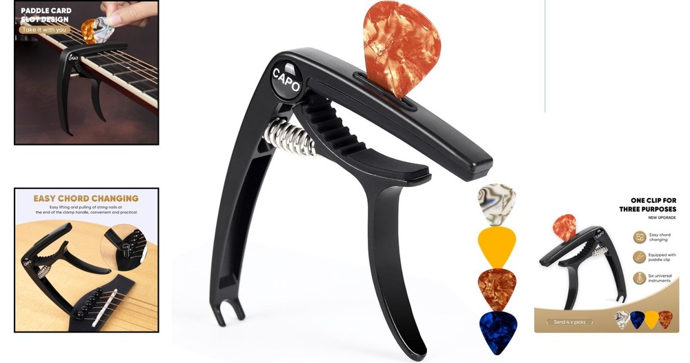 Precision Guitar Capo for 6-String and Multi-Instrument - Includes 4 Picks