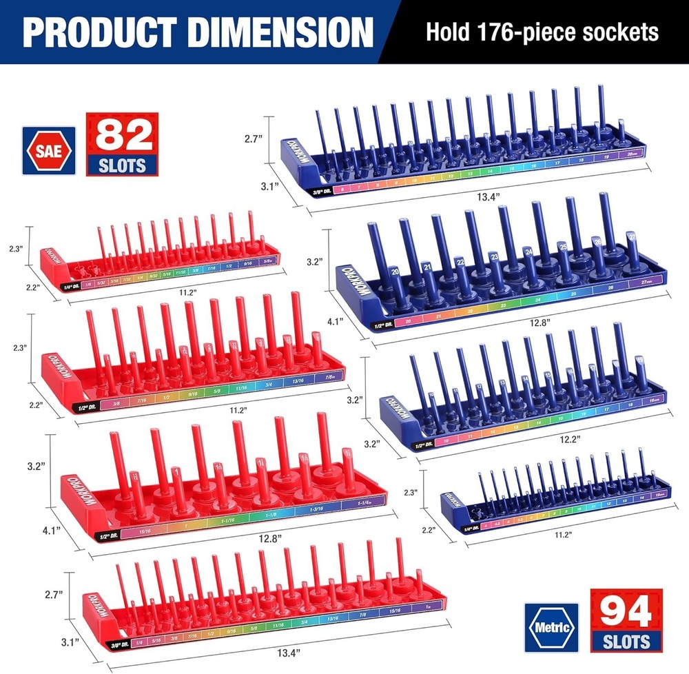 Socket Organizer Set, 8PC Socket Holder, 1/4", 3/8", 1/2" Drive Metric & SAE ...