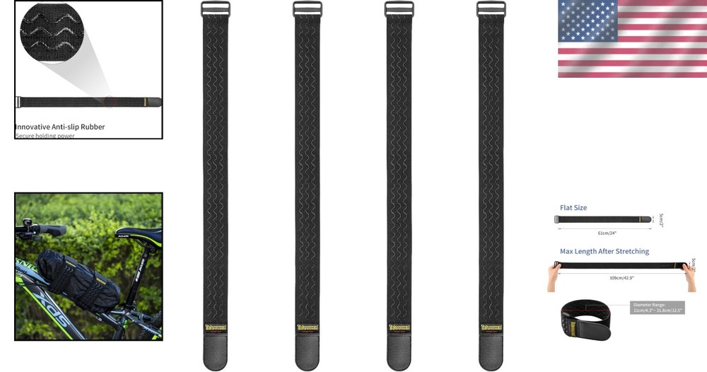 24” x 2” Elastic Cinch Straps - 4 Pack Anti-Slip Multipurpose Bundling Solution