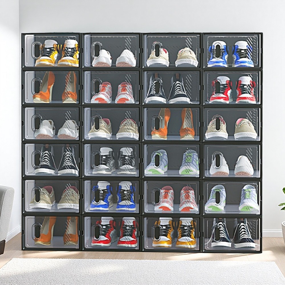 24-Pack Shoe Storage Boxes - Stackable, Door, Plastic Mesh, Black & Small Size