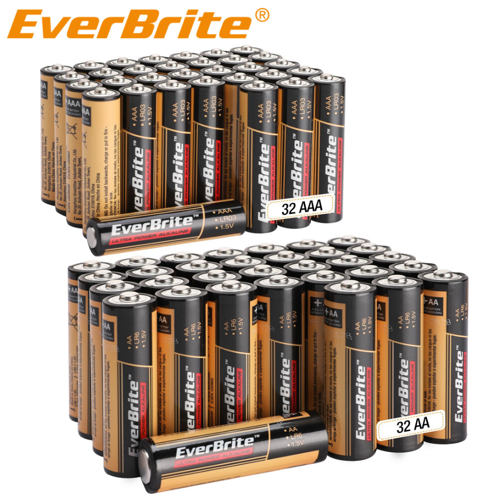 EverBrite 64PCS Alkaline Battery Pack 32PACK AAA/32PACK AA Alkaline Battery PACK