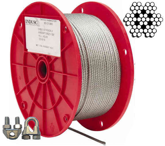 Steel Aircraft Cable Wire Rope Hot Dipped Steel Galvanized Cable w/ Cable Clamps