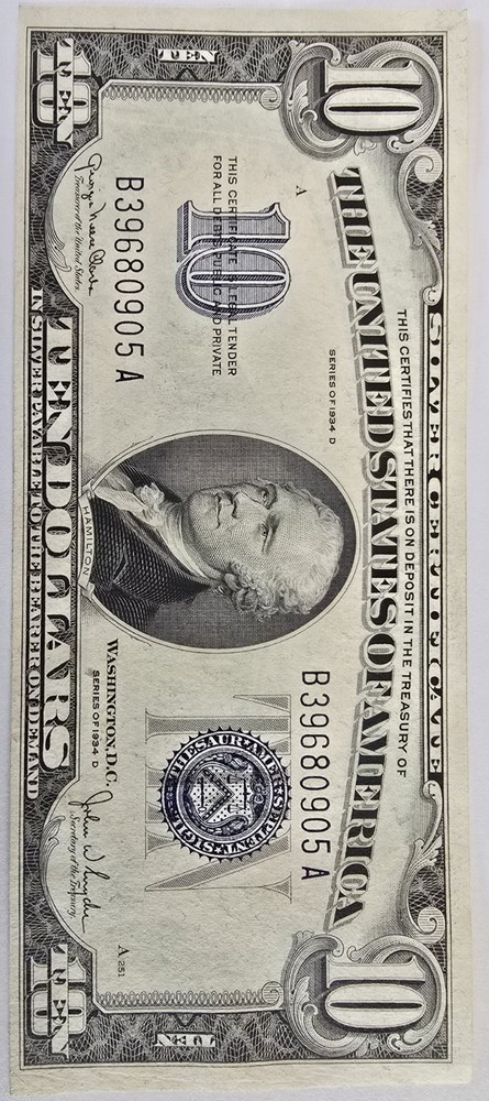 1934-A $10 Silver Certificate Currency Note Blue Seal