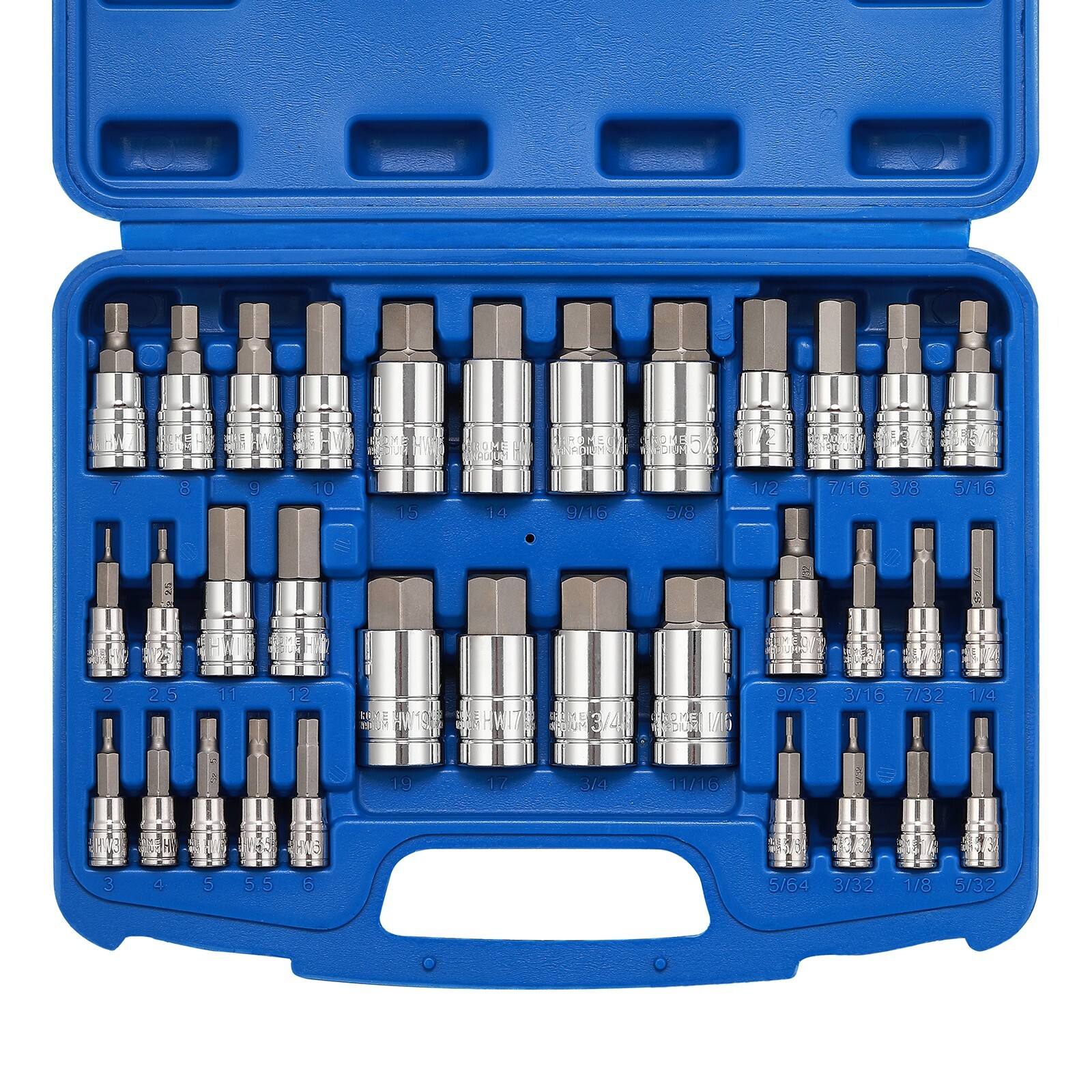 33PCS Hex Bit Socket Set, 1/4", 3/8" and 1/2" Drive, SAE & Metric Allen Socket