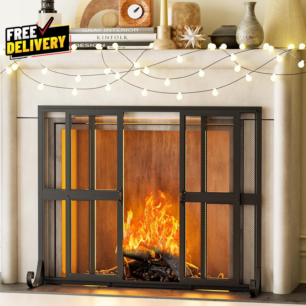 Fireplace Screen with Sliding Doors Wrought Iron Spark Guard Gate Protector