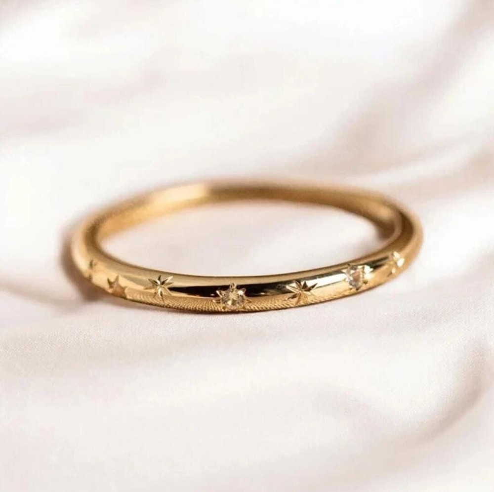 Gold Plated Star Engraved Ring | Dainty CZ Diamond Band  Celestial Stacking Ring