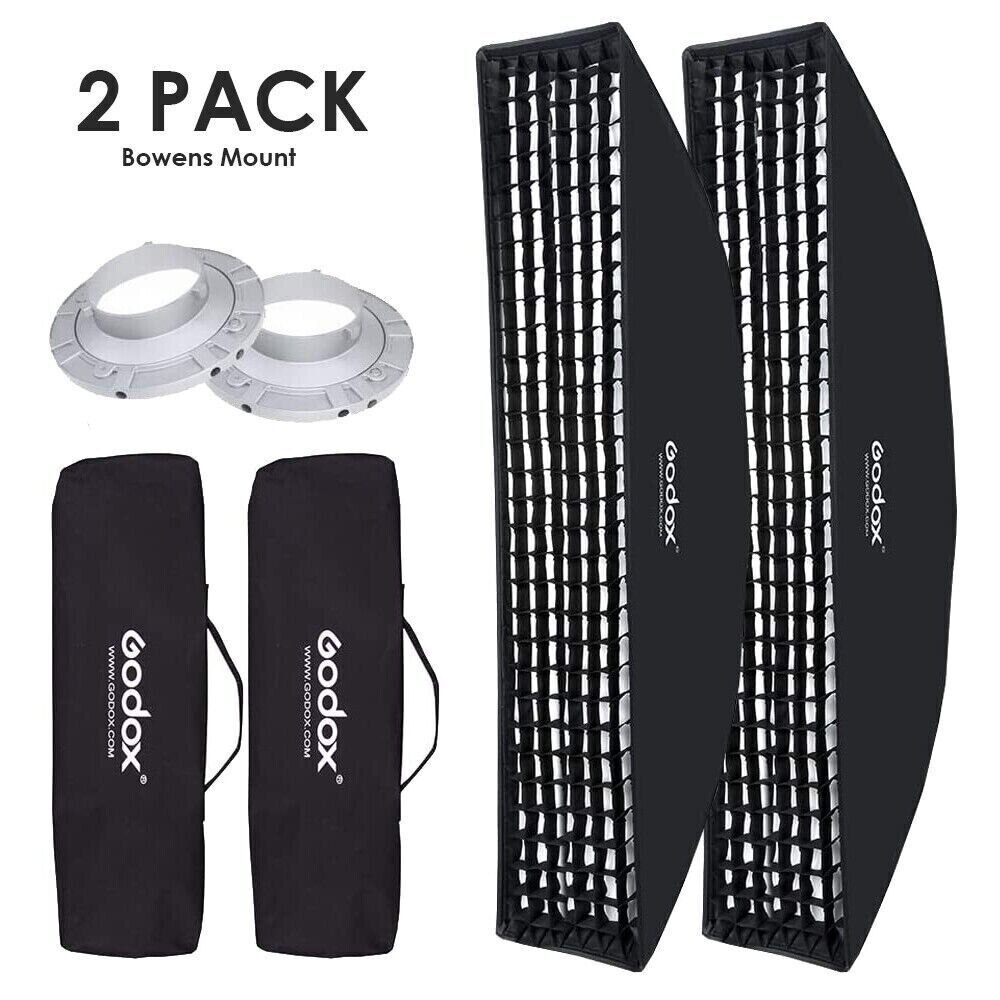2x Godox 35x160cm Bowens Mount Strip Softbox + Grid For Strobe Flash Head Studio