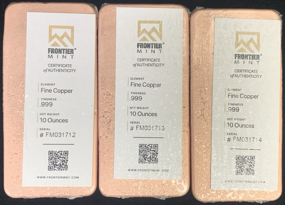 FRONTIER (3X PACK) 10OZ COPPER BARS - SEALED W/ COA