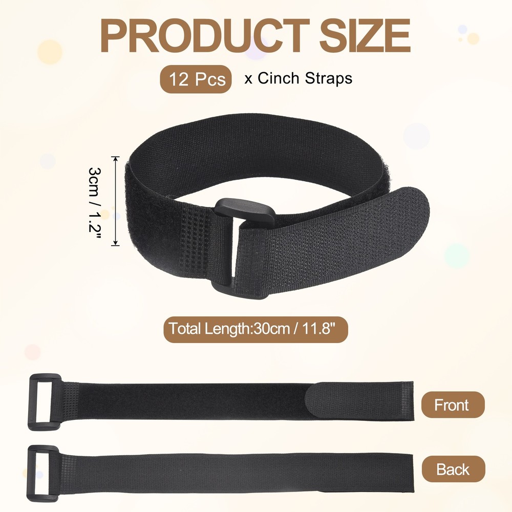 12pcs Reusable Cinch Straps 1.2"x11.8" Hook and Loop Cable Securing Strap, Black