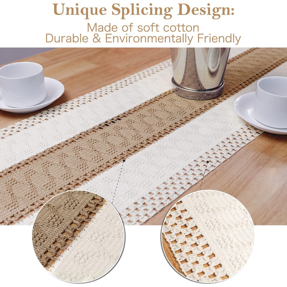 Macrame Table Runner Farmhouse Style, Natural Burlap Boho Table Runner Modern...