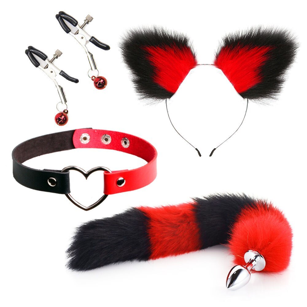 USA 4pc Set Foxtail Butt Wolftail Cat Ear Collar Tail Cute Cosplay Fantasy Anime