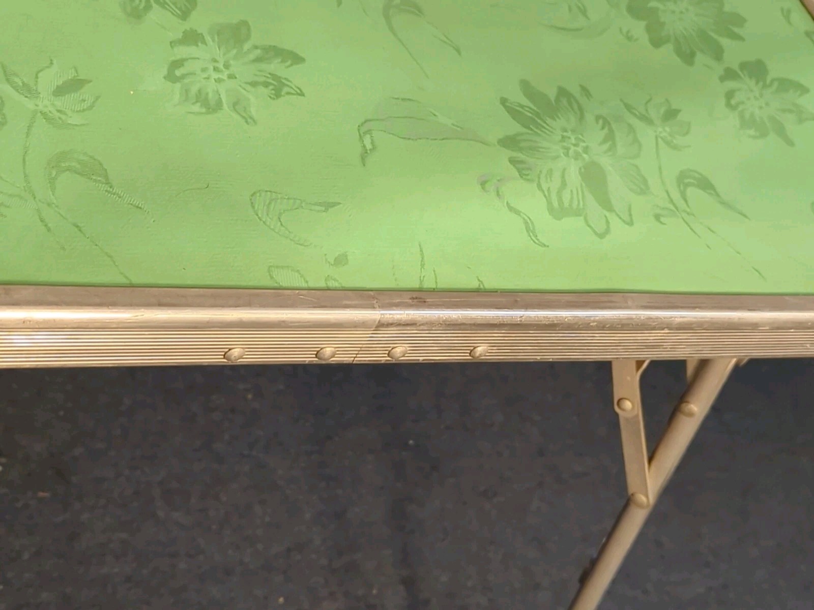 Vtg Retro Card Table Aluminum Green Portable 60s Scroll Legs MCM Mid Century