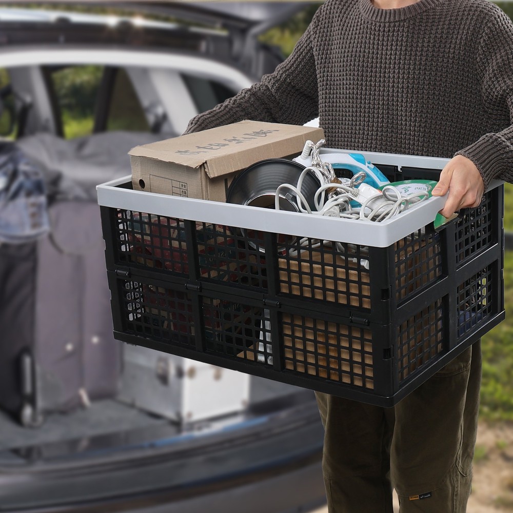 Knifefish Set of 4 Large Folding Stackable Storage Crate, 66 L, Black