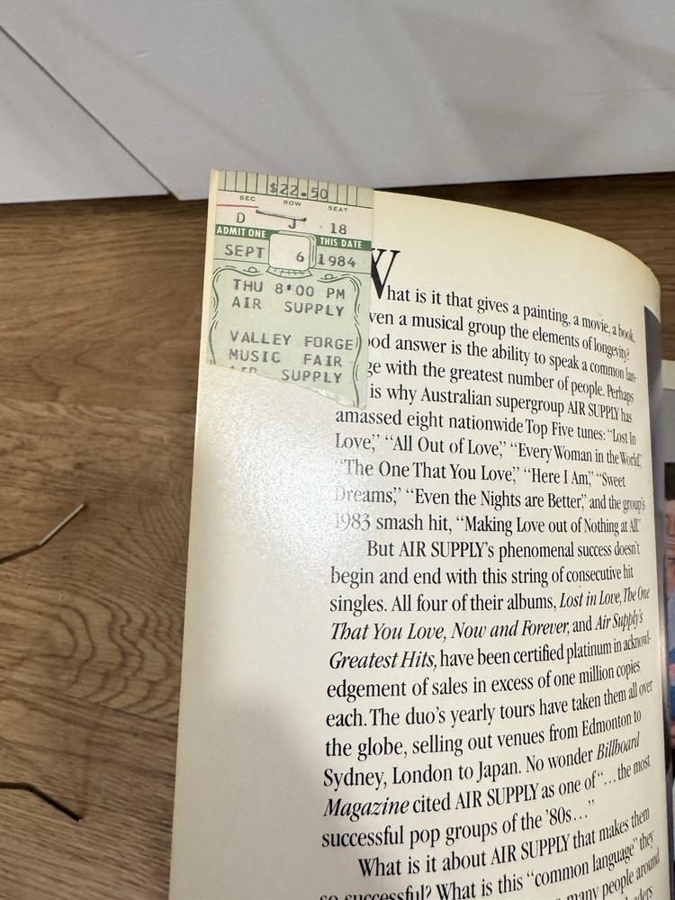 Vintage 80’s AIR SUPPLY WORLD TOUR 1984 & 1985 Concert Program W/ Ticket Stubs