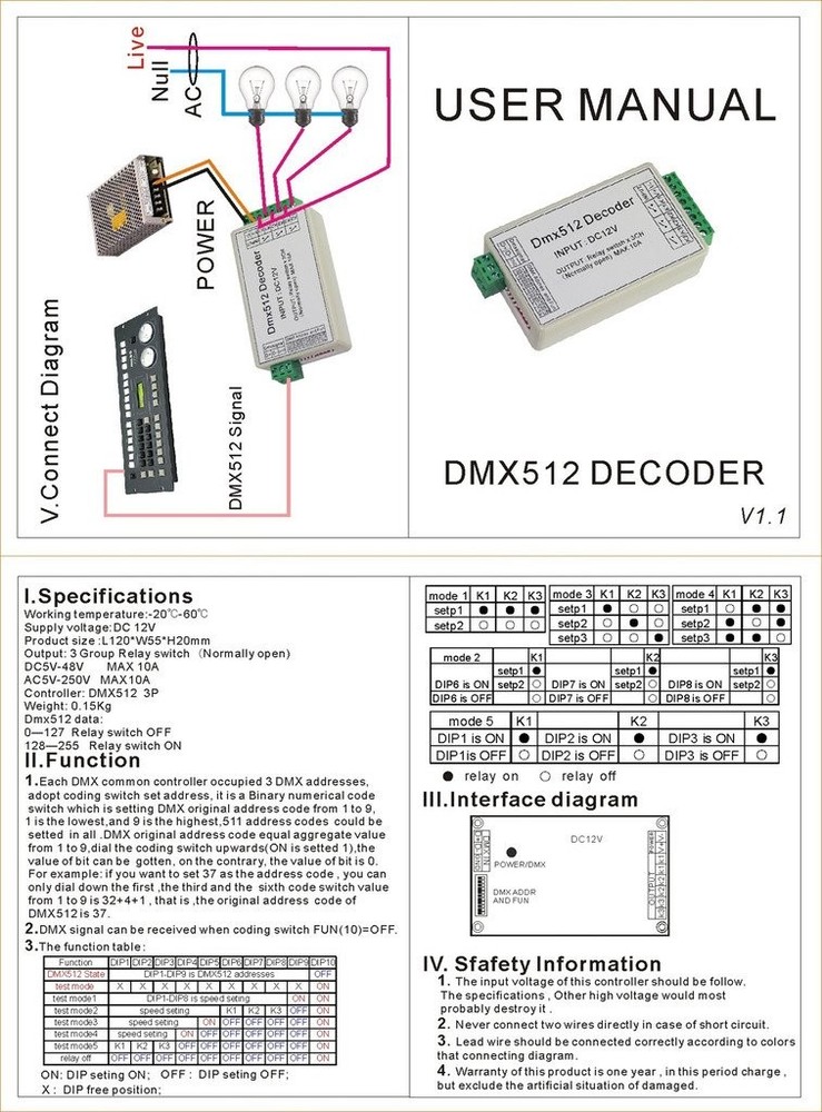3 Channel 5A DMX512 Decoder Controller Relay Switch Kit DIY Converter DMX Dimmer