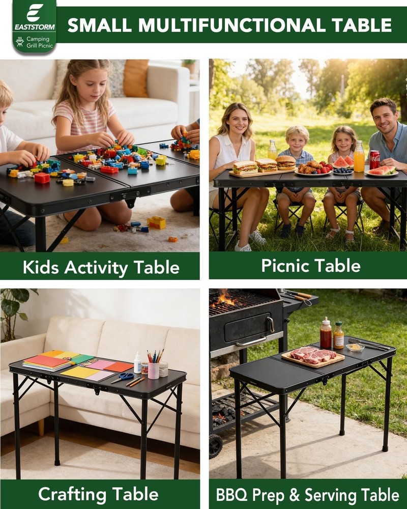 3ft Folding Camping Table Folding Table W/ 3 Adjustable Height Portable Table W/