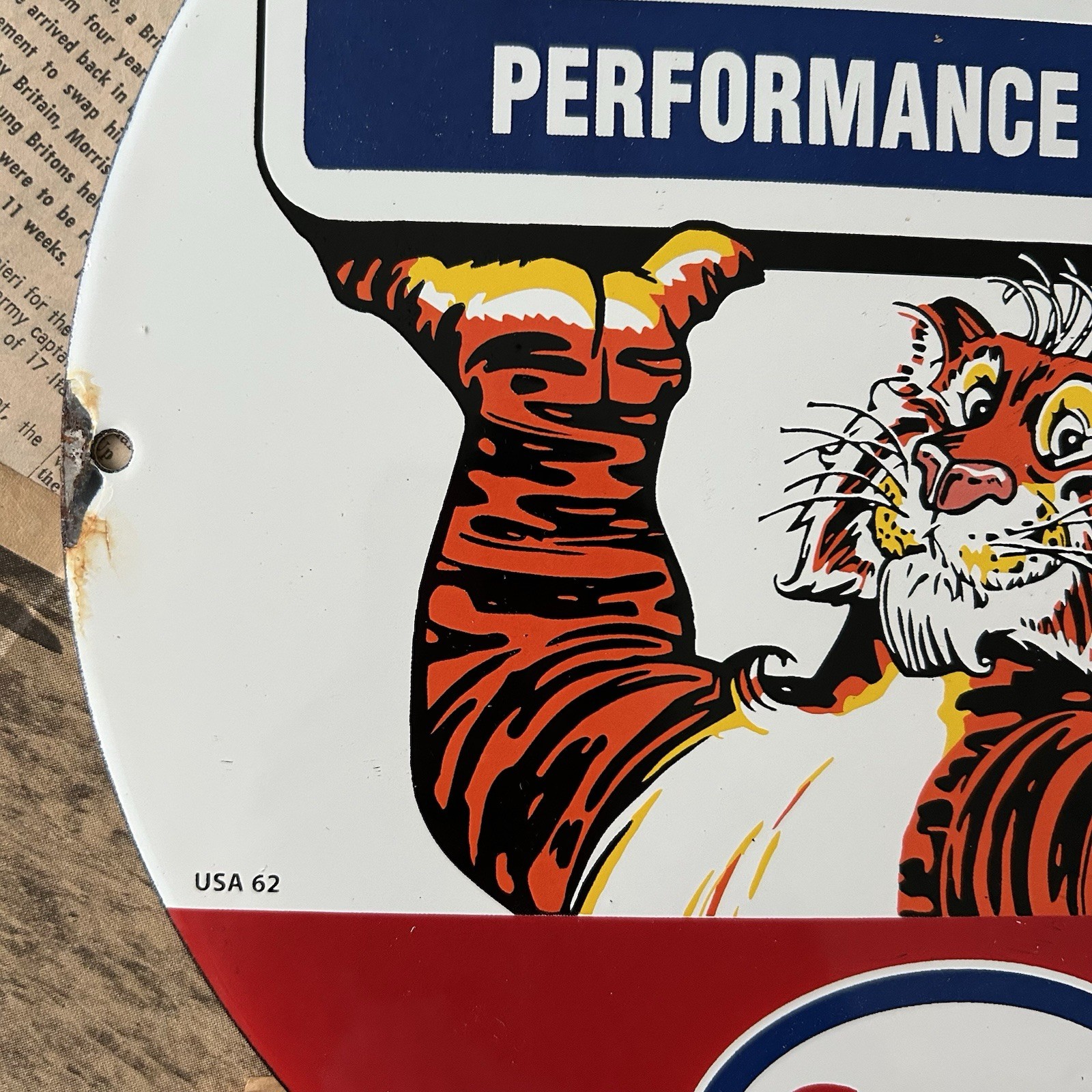 VINTAGE 1962 ESSO TIGER PERFORMANCE MOTORING 12 INCH PORCELAIN ENAMEL SIGN