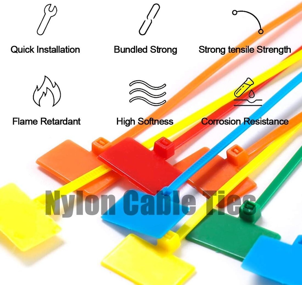 150 Self-Locking Nylon Cable Ties - Heat Resistant, Multi-Color with Labels