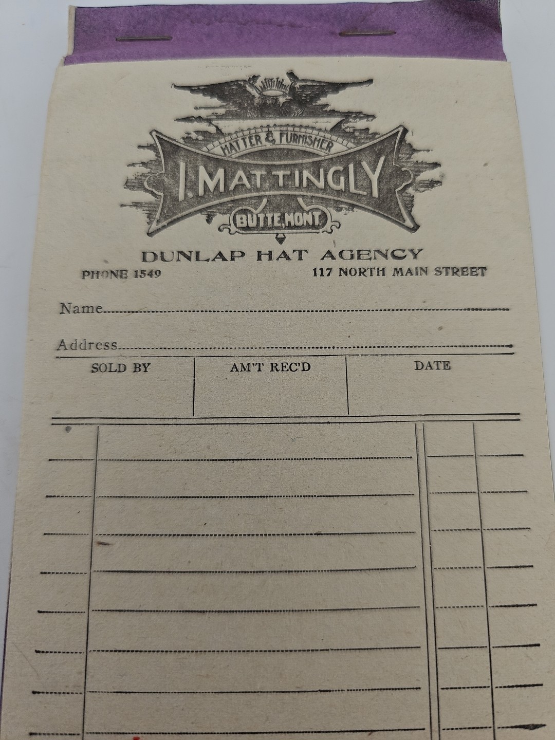 Vtg. 50 Recept Book forDunlap Hat Agency, 1901 Letterhead, Matter & Furmisher
