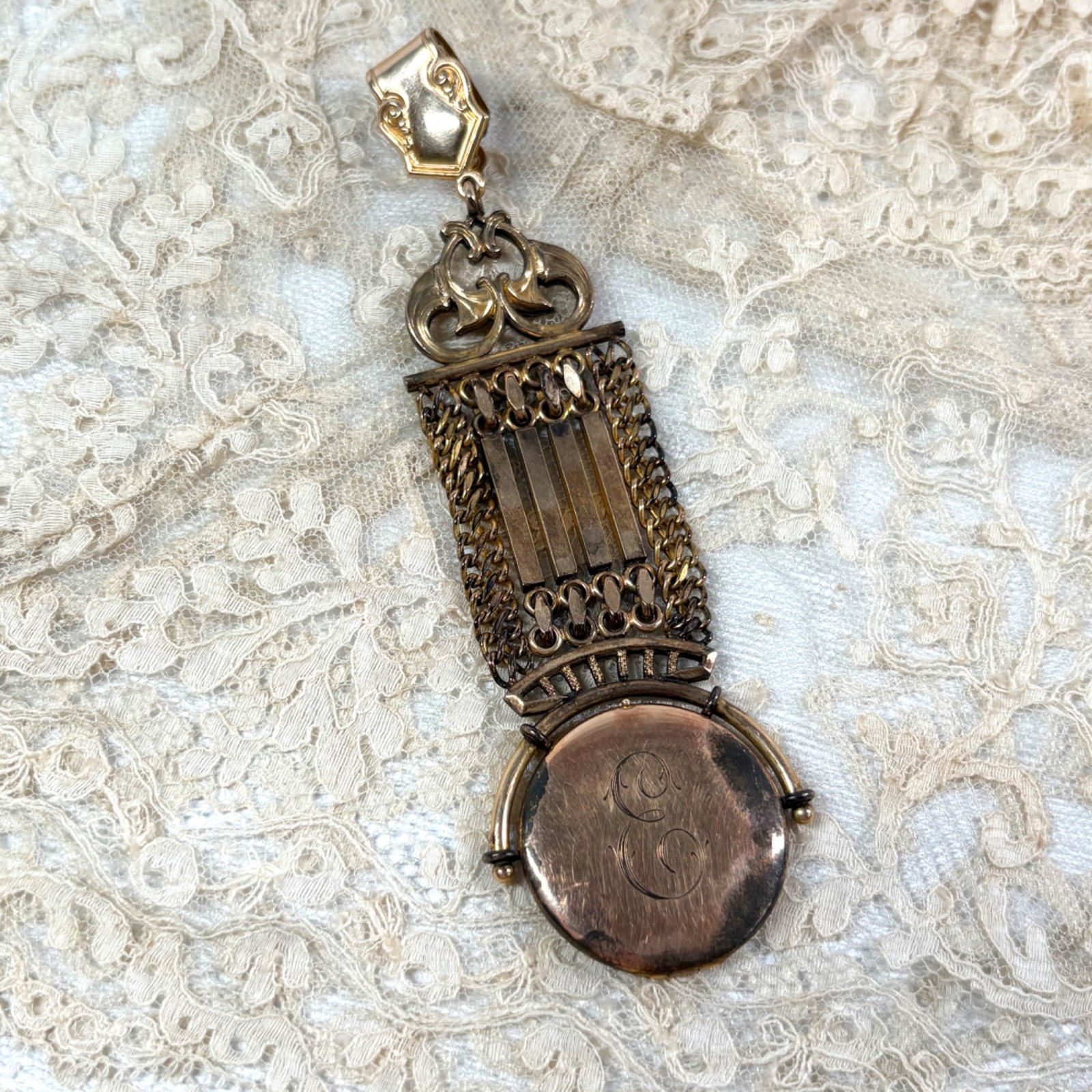 Antique Victorian Gold Filled Initial E Locket Watch Fob Pendant Charm Etched