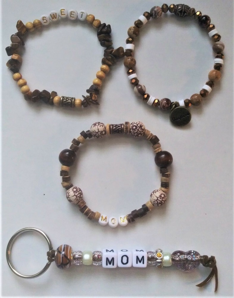 Sweet Mom Stretchy Charm Bracelet Stack and Key Ring-Brown