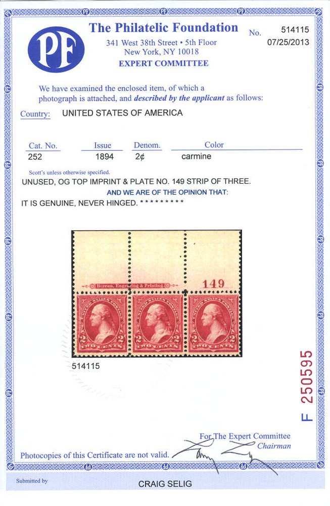 US # 252 2¢ Washington with imprint margin, VF OG NH MNH, PF (2013)