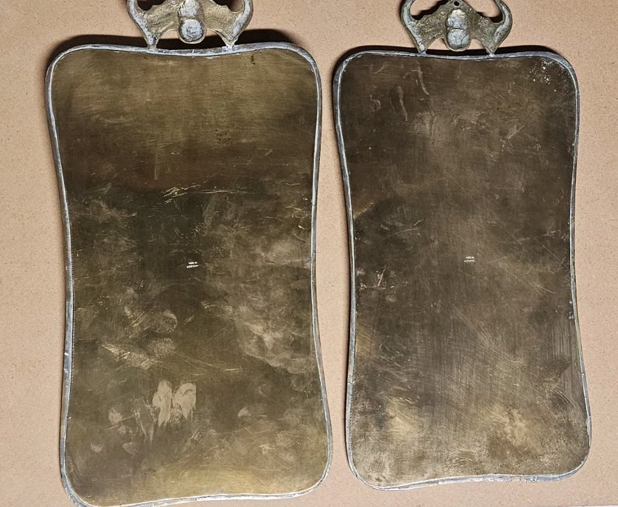 Lot Of 2 Chinese Brass Wall Hanging Reliefs Winged Bat 8x16.5"