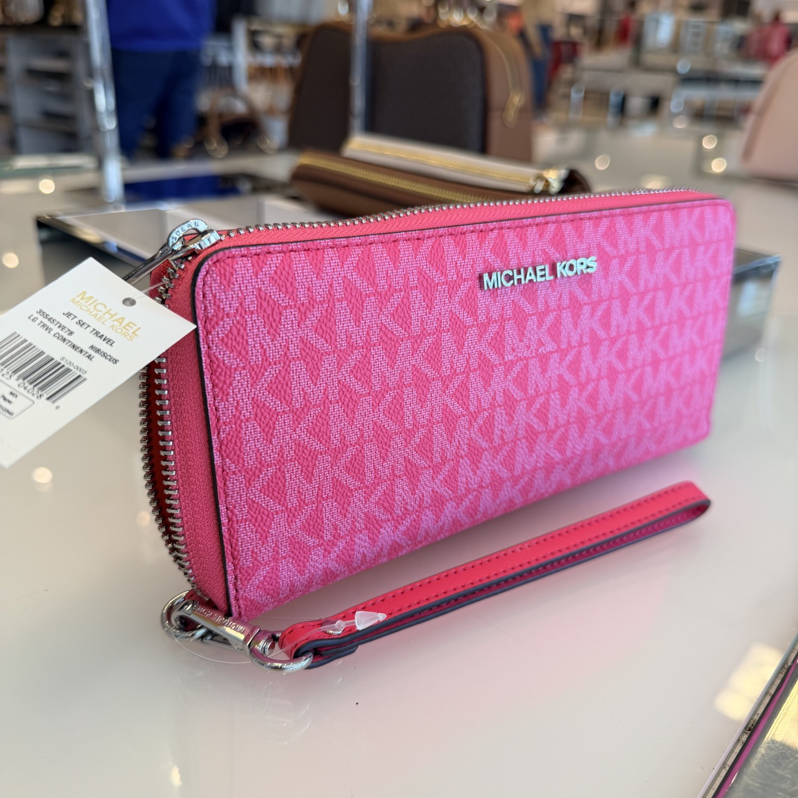 MICHAEL KORS JET SET TRAVEL LG CONTINENTAL WALLET WRISTLET MK LOGO Pink Hibiscus