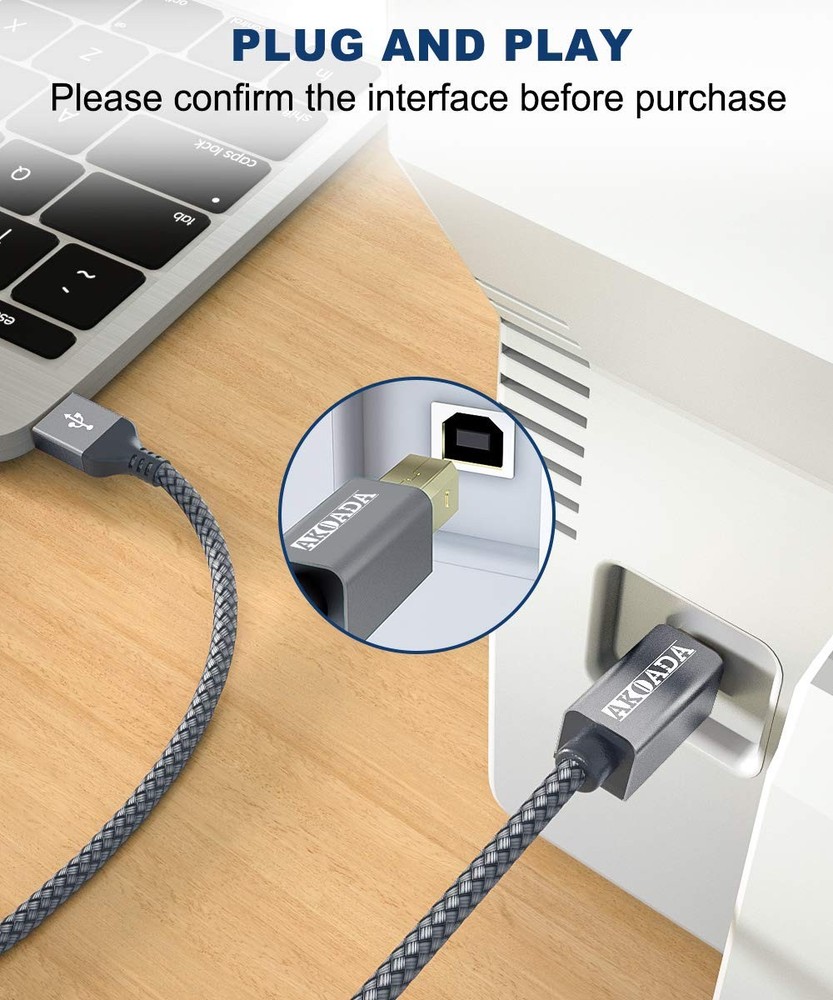 AkoaDa Printer Cable 10ft USB 2.0 Type A Male to B 10ft, grey