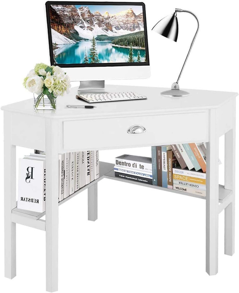 White Corner Desk, Triangle Corner Computer Desk for Small Space, Compact Writin