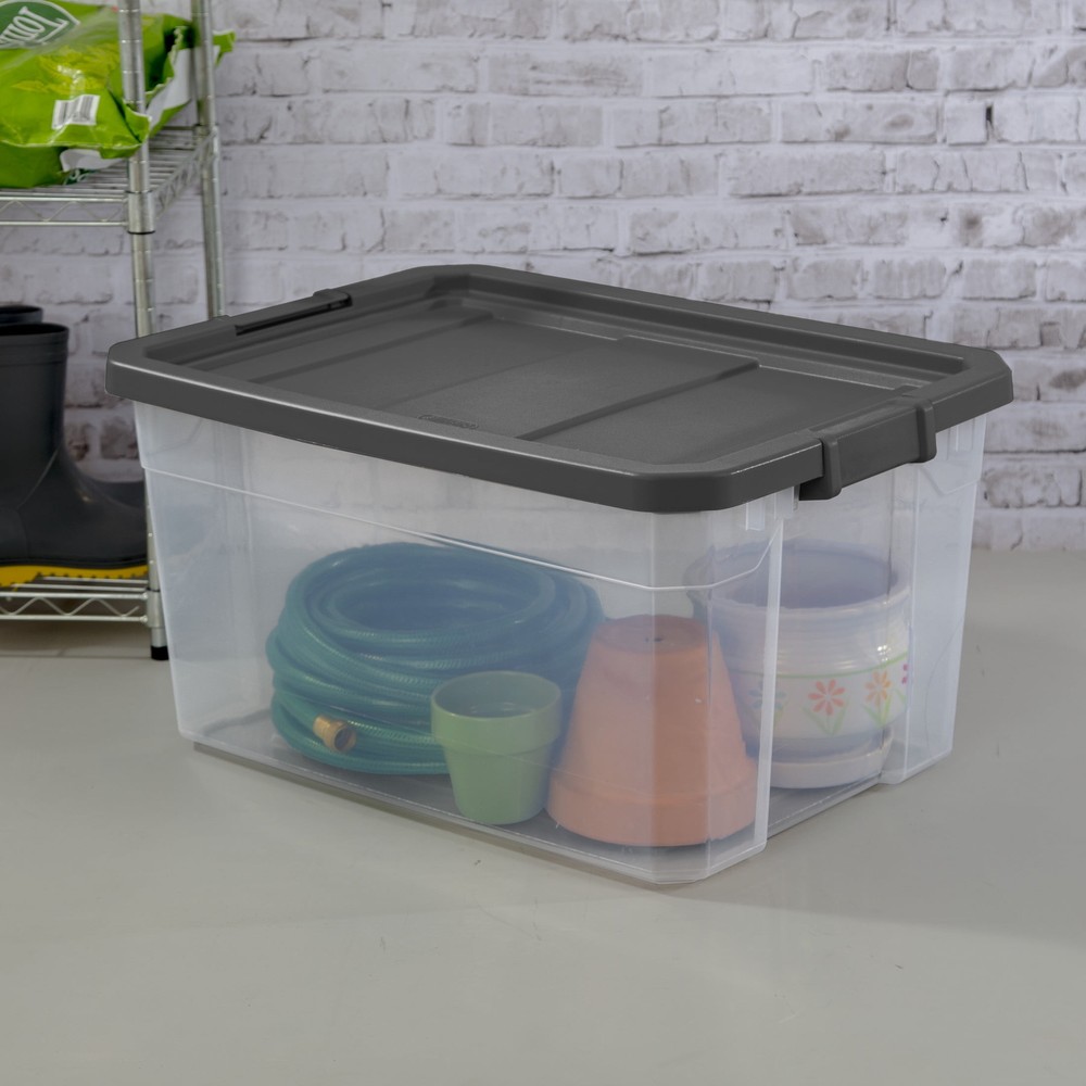 76 Quart Stacker Box, Durable Clear Plastic Bin with Lid, Dark Gray