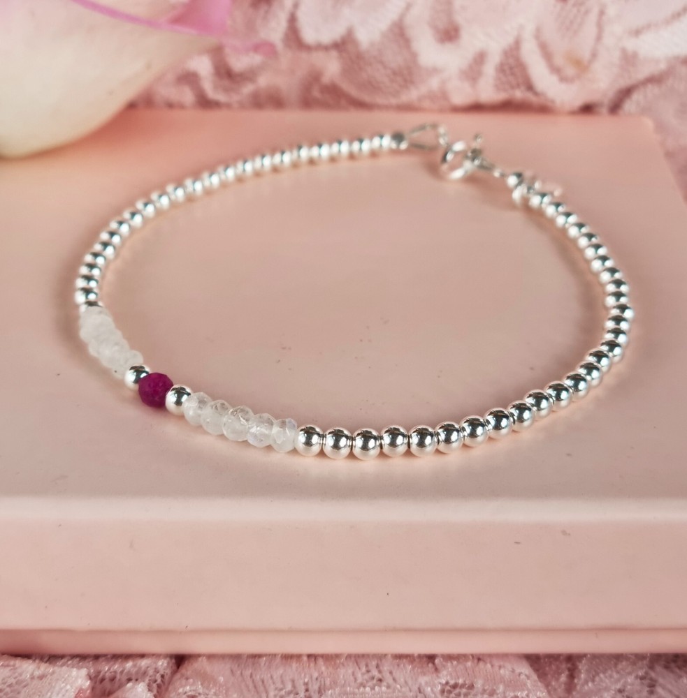 925 Sterling Silver MOONSTONE and RUBY Bracelet Birthstone