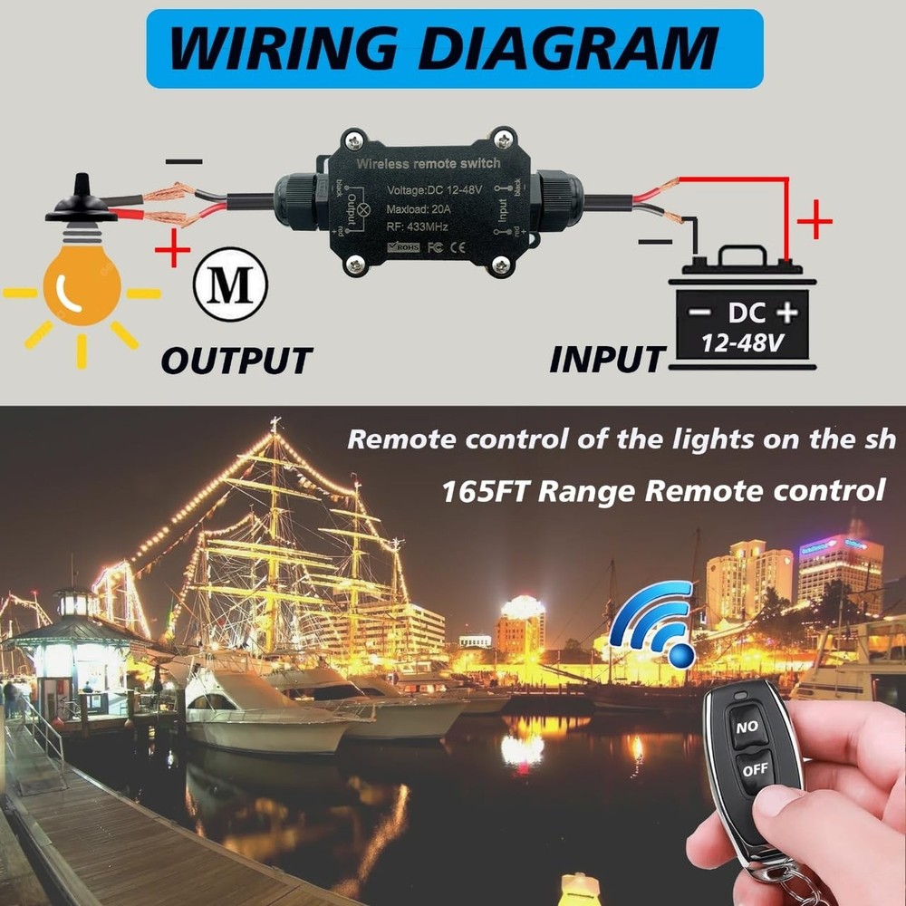 Remote Control Switch,Waterproof Switch DC 12/24/48 Volts 20A,Wireless 433 MH...
