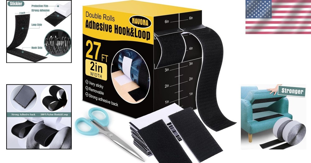 Versatile Heavy-Duty Hook and Loop Strips - 2In x 27Ft with Included Scissors