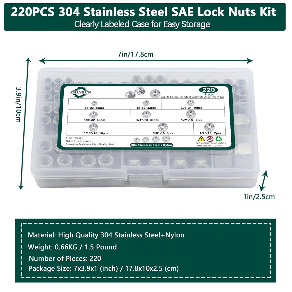 SAE Lock Nuts Assortment Kit, 220PCS Nylon Insert Nut Sets, 304 Stainless Ste...