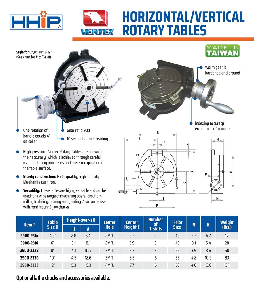 VERTEX 12" HORIZONTAL/VERTICAL ROTARY TABLE (3900-2332)