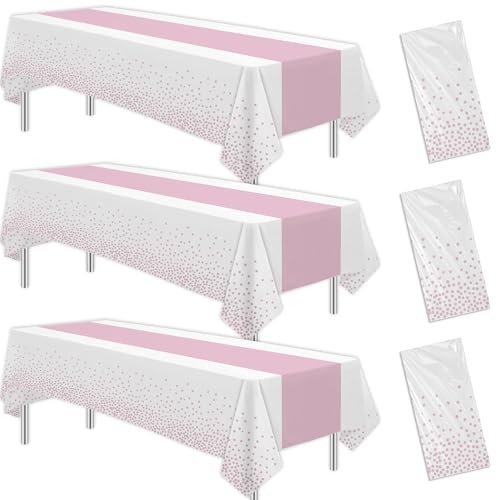 White and Party Decorations Tablecloth, 3 Pack Disposable Light Dot Table Pink