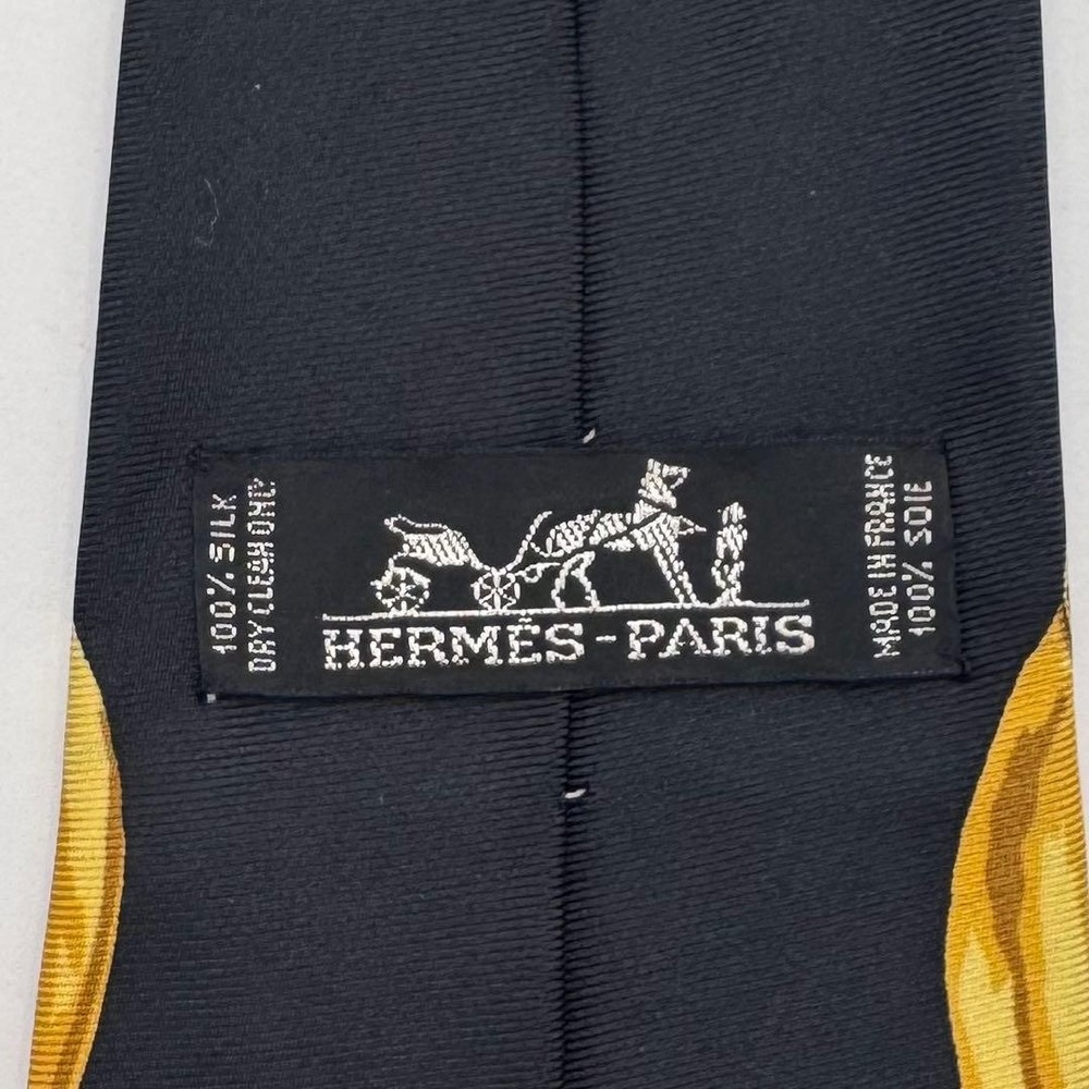 Hermes Necktie Silk Black Gold Baroque Pattern Used