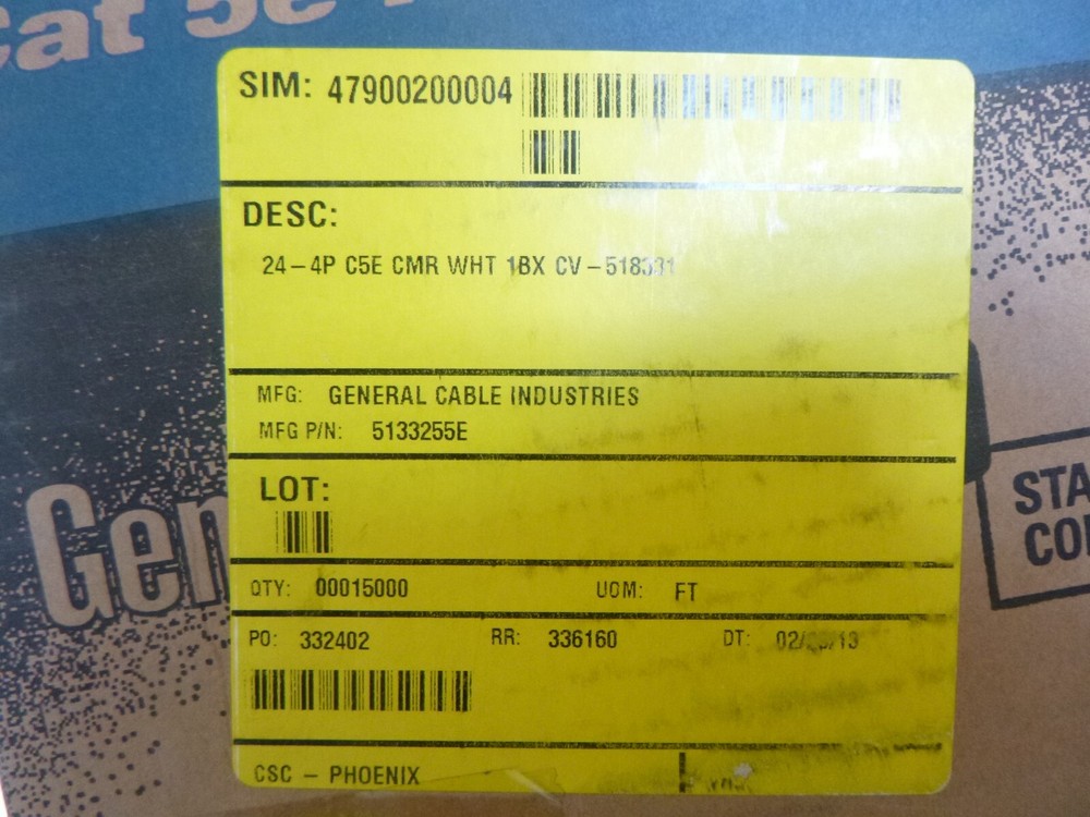 General Cable GenSPEED 5000 Cat-5e Network Cable 4PR 24AWG White 700+ Ft.