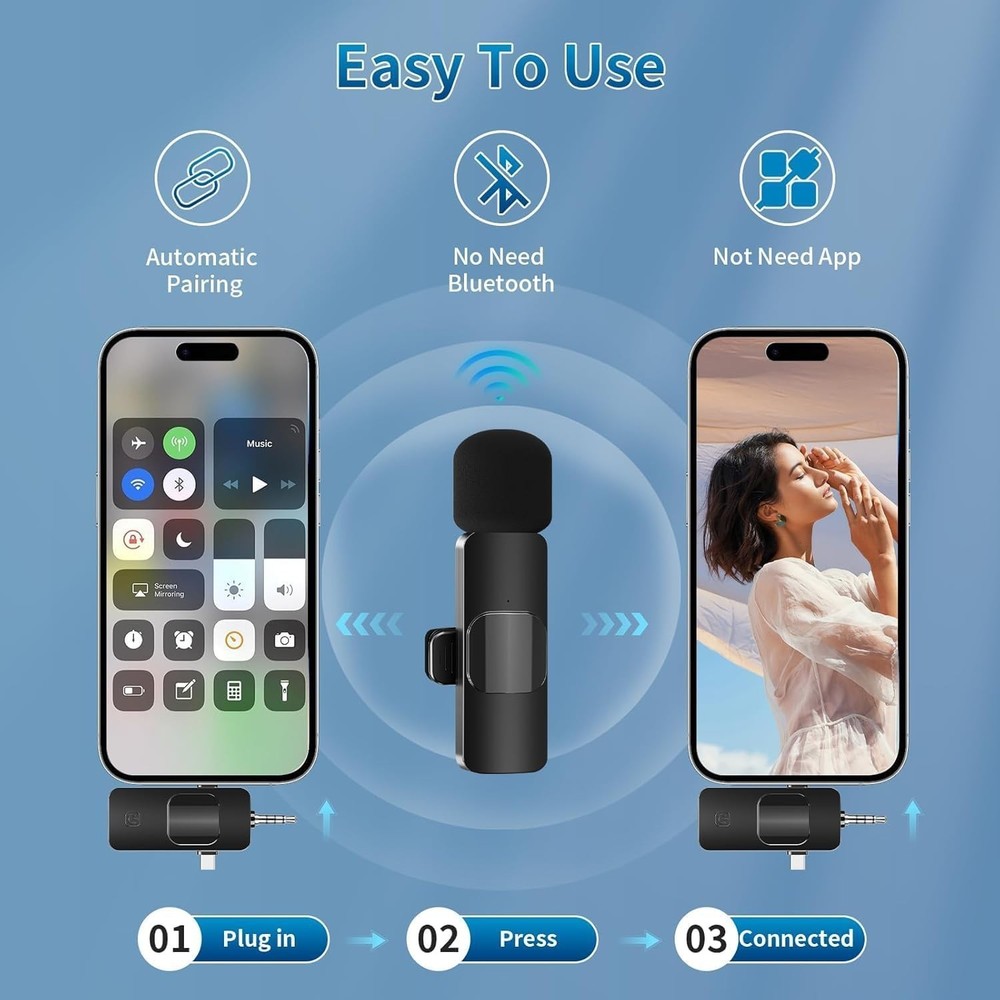 2-Pack Wireless Lavalier Microphone 3-in-1 Receiver for iPhone Android Camera Mi