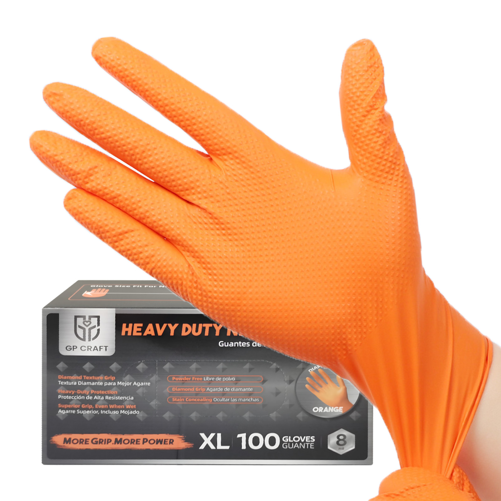 Heavy Duty 8 Mil Orange Nitrile Work Gloves Raised Diamond Texture Industrial